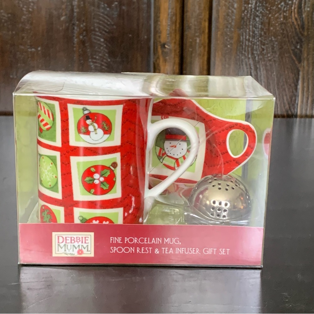 Debbie Mumm Christmas Snowman Fine Porcelain Mug, Spoon Rest & Tea Infuser Set